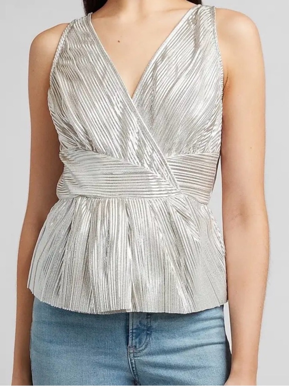 Express Silver Metallic Pleated V-Neck Peplum Top